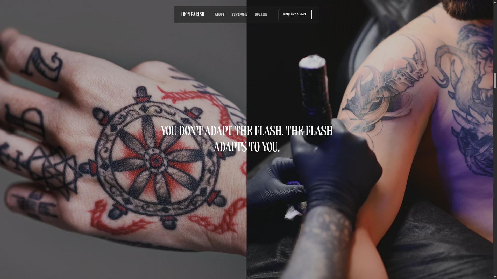 Iron Parish tattoo studio website homepage, built and launched by Slaaate